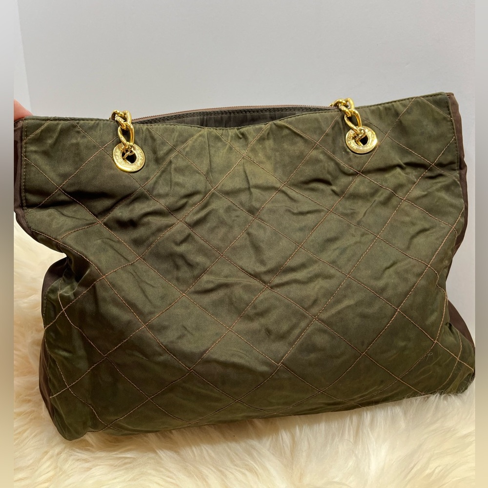 Escada Vintage Lux Quilted Nylon Tote/Shoulder Bag Olive Green and Brown - Picture 8 of 17